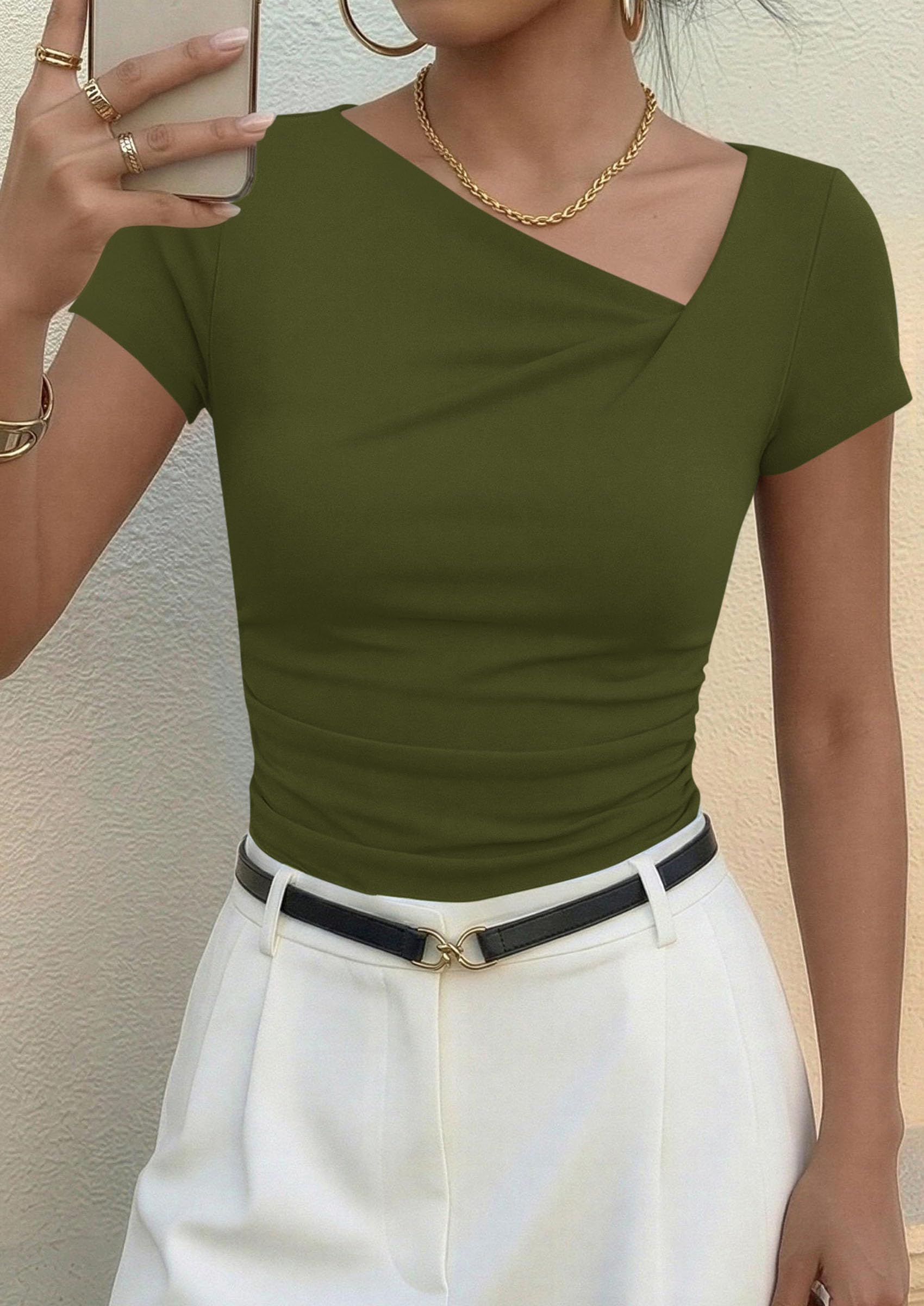 PRETTYGARDEN Women's Summer Asymmetrical Y2K Tops Trendy Ribbed Short Sleeve Fitted Tee Shirts Spring Fashion Clothing PRETTYGARDEN