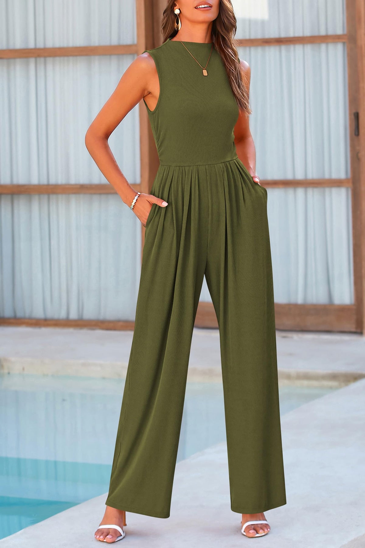 Summer One Piece Sleeveless Mock Neck Wide Leg Pants Rompers With Pockets