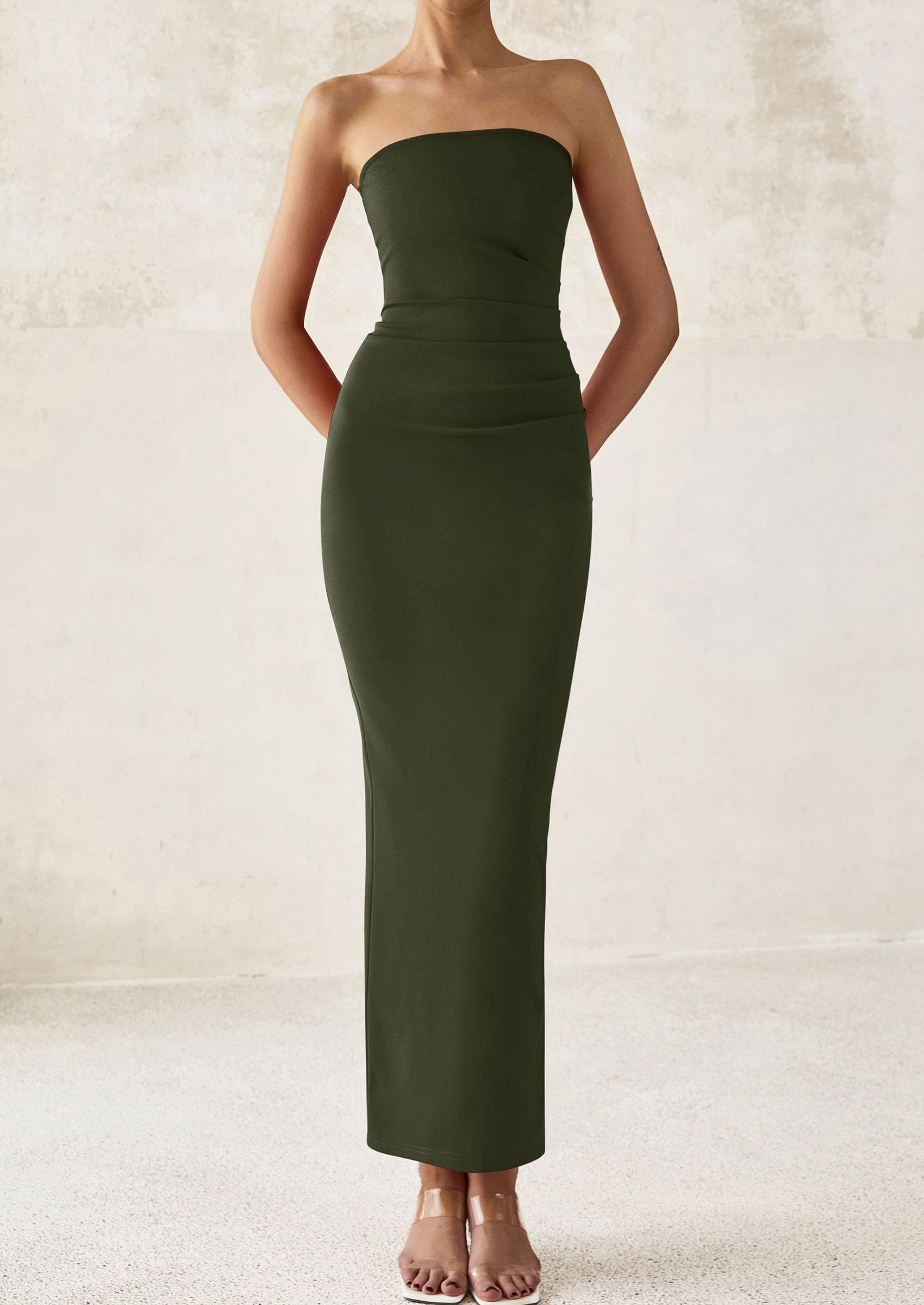 PRETTYGARDEN Women's Semi Formal Cocktail Dresses Strapless Tube Bodycon Ruched Evening Wedding Guest Maxi Dress