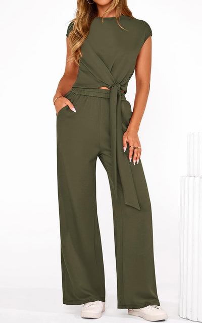 PRETTYGARDEN 2 Piece Matching Lounge Sets For Women Summer Short Sleeve Tie Front Crop Tops Casual Wide Leg Pants Tracksuit PRETTYGARDEN