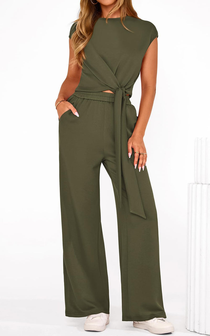 PRETTYGARDEN 2 Piece Matching Lounge Sets For Women Summer Short Sleeve Tie Front Crop Tops Casual Wide Leg Pants Tracksuit PRETTYGARDEN