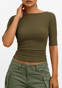 PRETTYGARDEN Womens Summer Short Sleeve Tops Boat Neck Ribbed Knit Slim Fit T Shirt Casual Basic Top Spring Clothes PRETTYGARDEN