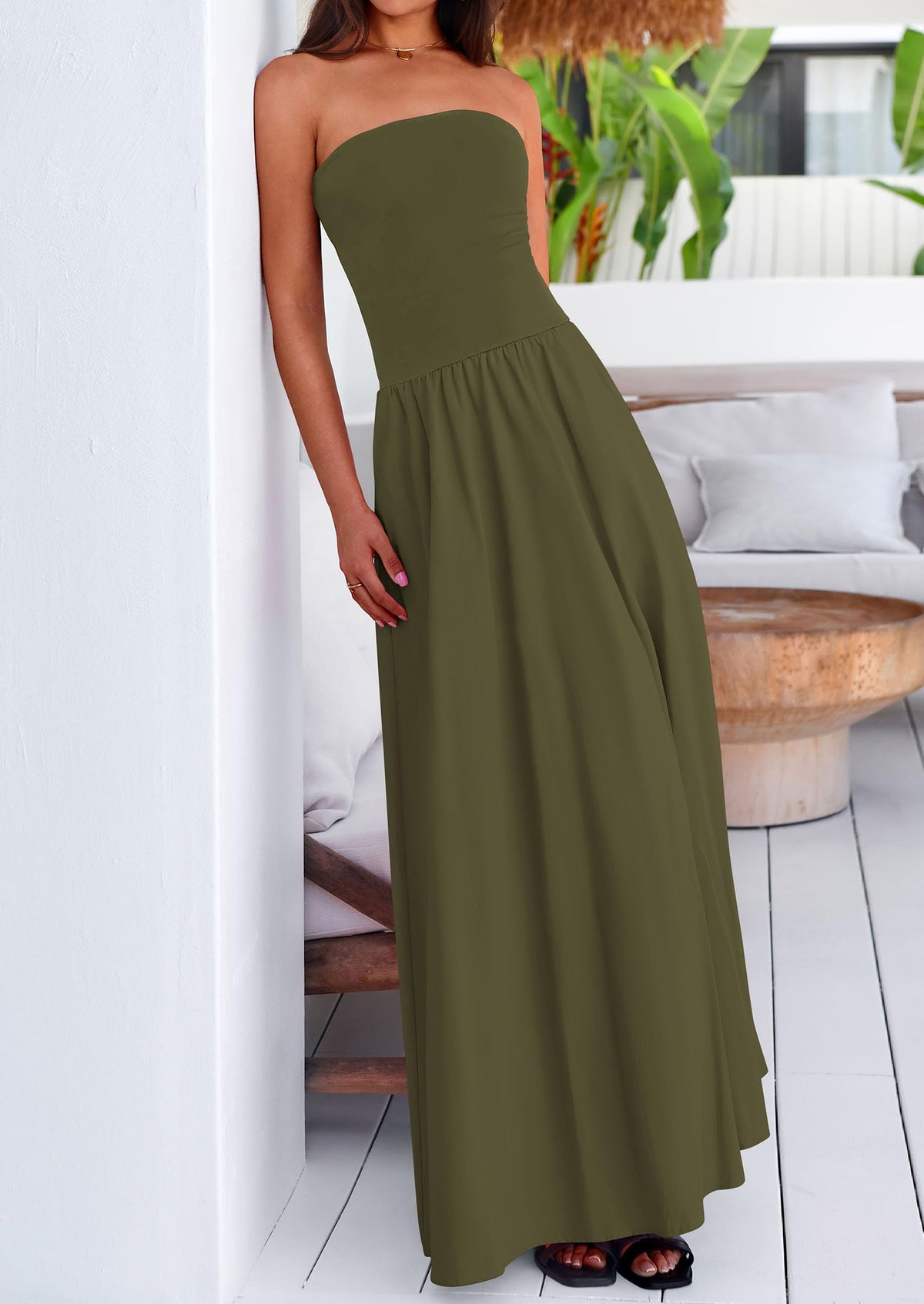 Women's 2025 Summer Strapless Maxi Dresses Patchwork Long Flowy Elegant Going Out Tube Top Dress with Pockets