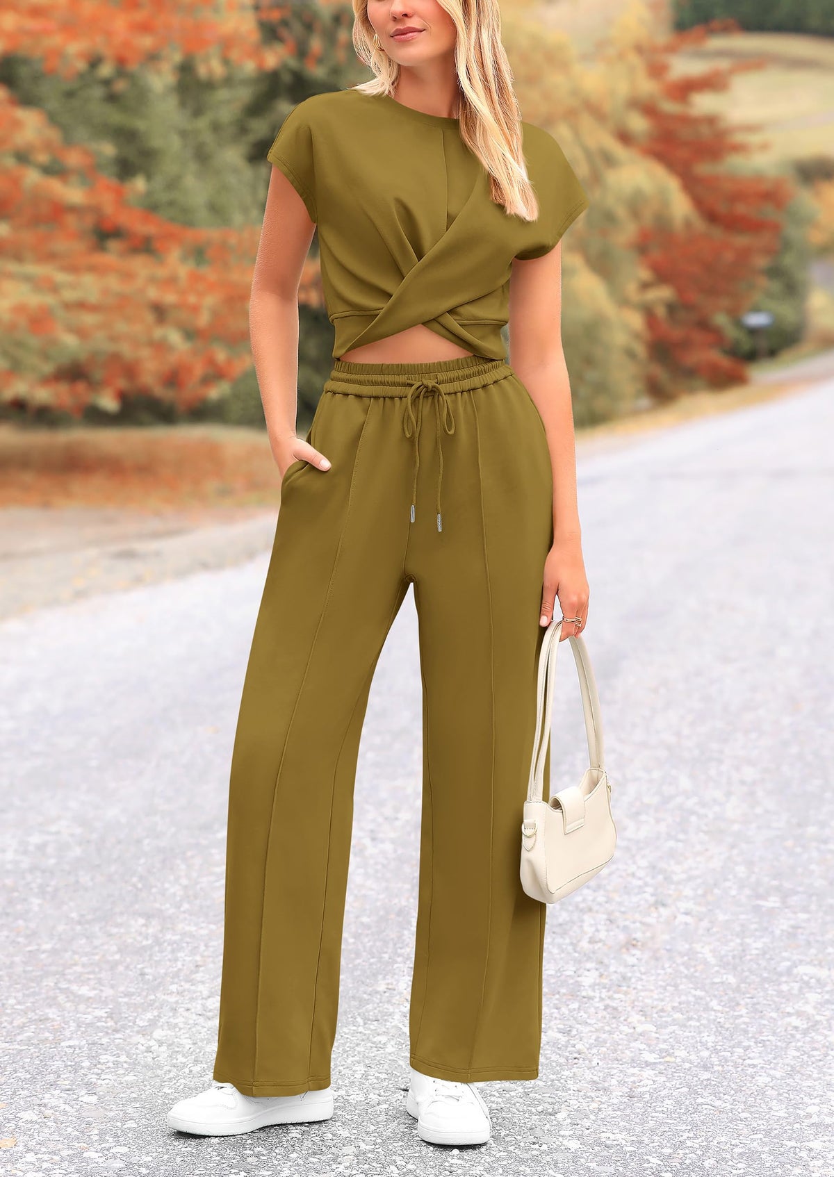 Summer Two Piece Outfits Tracksuit Twist Front Crop Tops T Shirts Wide Leg Pants Matching Lounge Sets