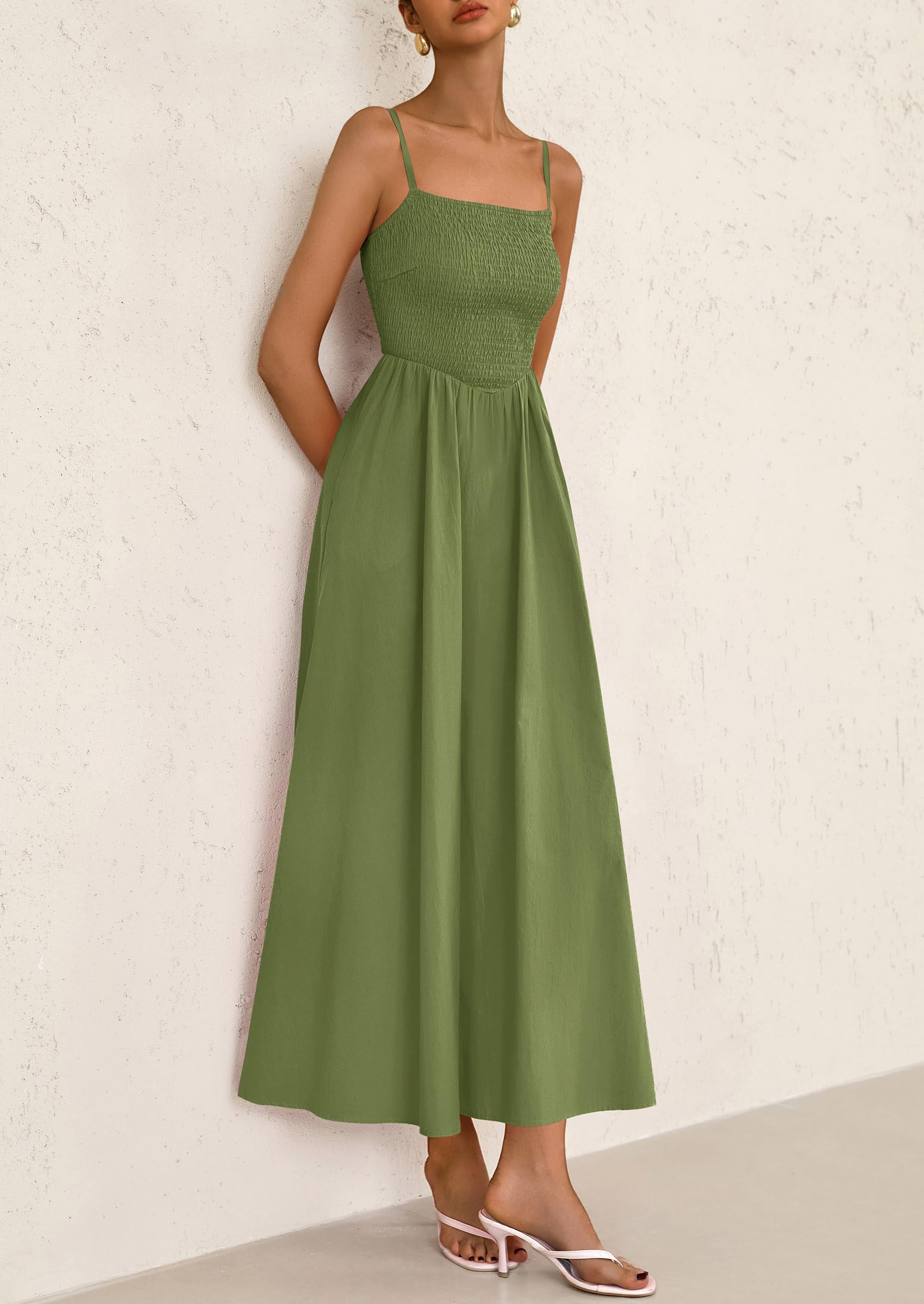 PRETTYGARDEN Women's Smocked Maxi Dresses Beach Sundress Casual Spaghetti Strap Swing A Line Long Flowy Dress