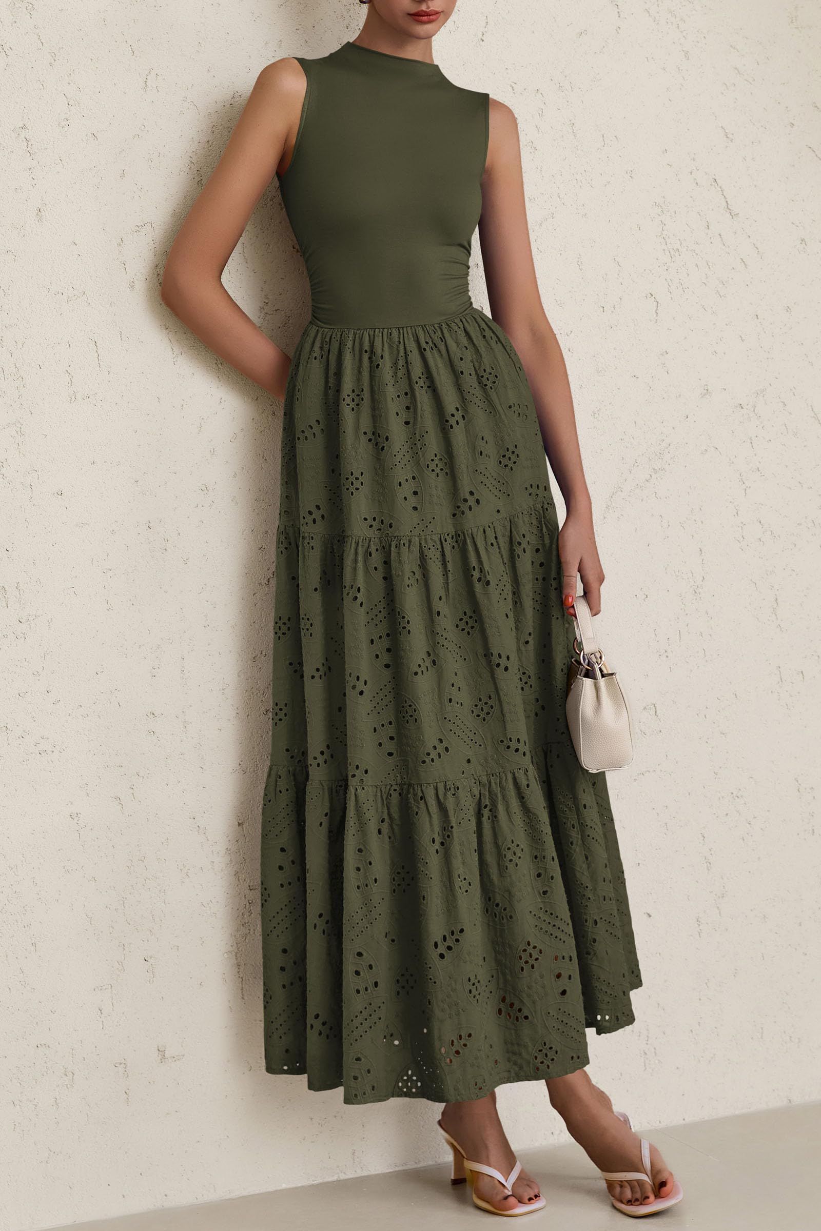 PRETTYGARDEN Dresses for Women Casual Eyelet Sleeveless Wedding Guest Maxi Dress Tank Top Sundress with Pockets