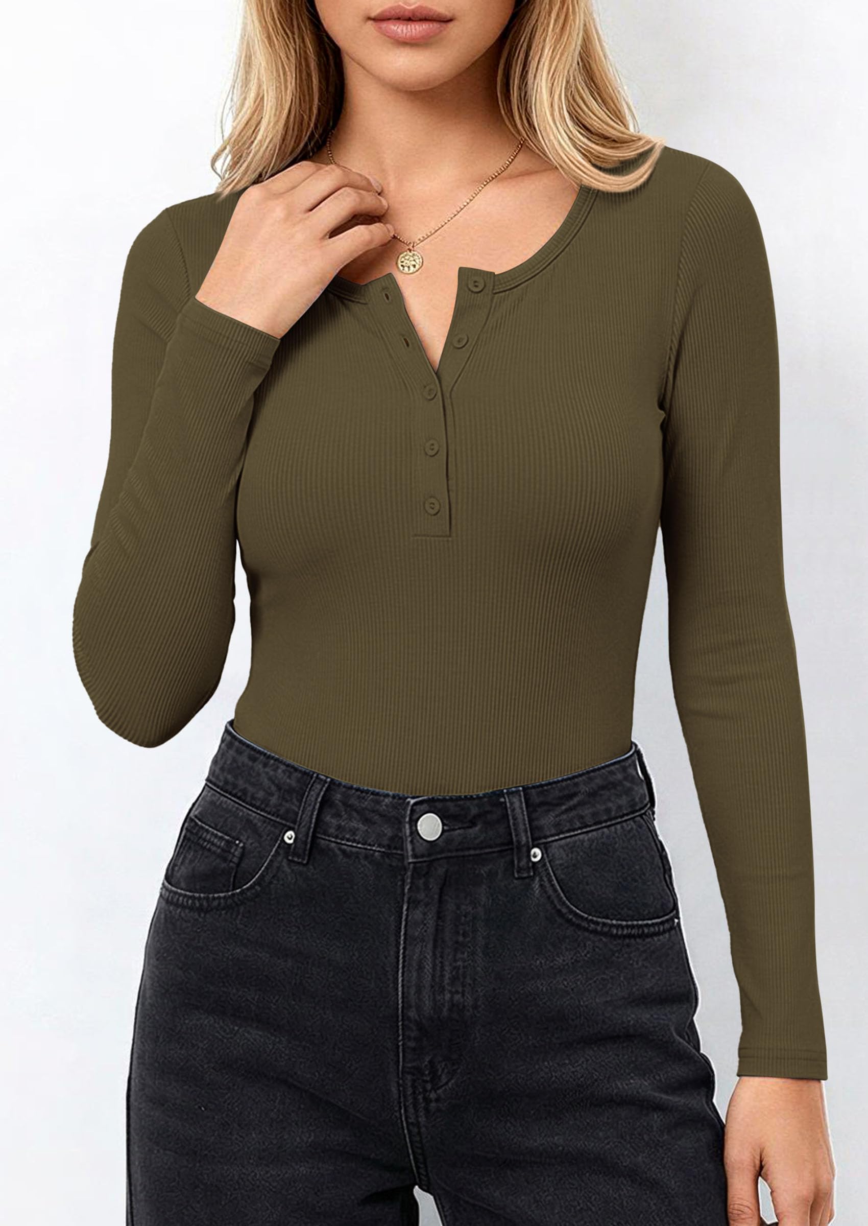 PRETTYGARDEN Long Sleeve Bodysuits for Women Ribbed Knit Henley Button Up Slim Fitted Basic Tops Winter Fashion Clothing PRETTYGARDEN