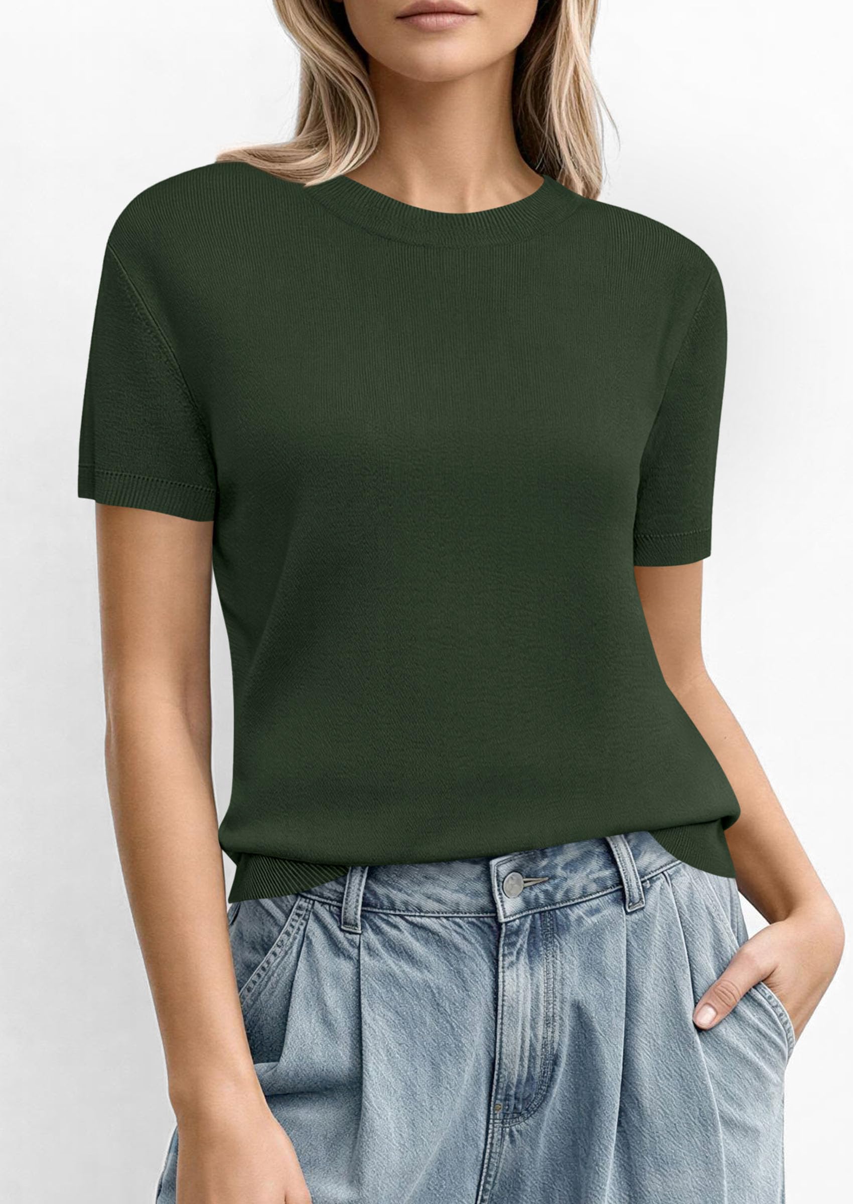 PRETTYGARDEN Women's Short Sleeve Sweaters Spring Crew Neck Knit Work Shirts Business Casual Tops Summer Fashion Clothes PRETTYGARDEN