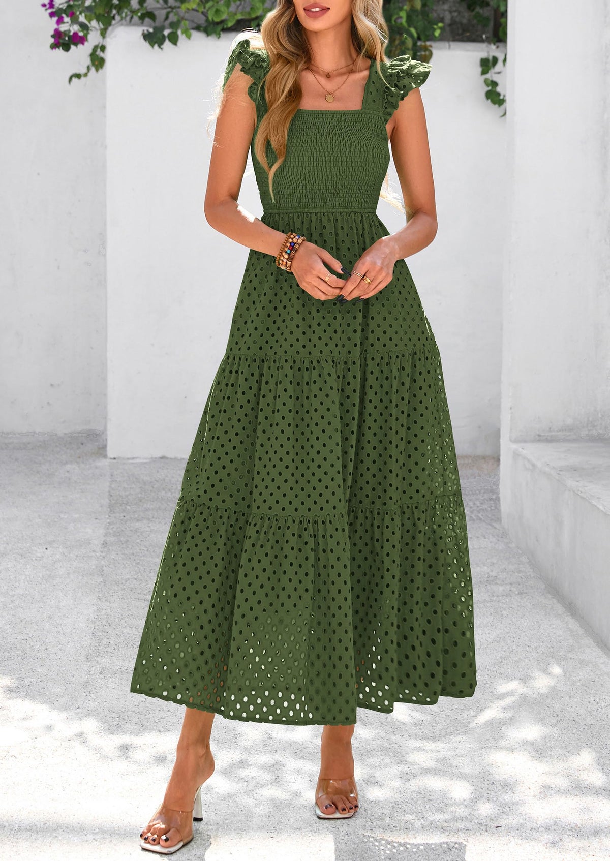 Womens Summer Square Neck Maxi Dresses Cap Sleeve Eyelet Smocked Tiered A Line Flowy Long Dress with Pockets