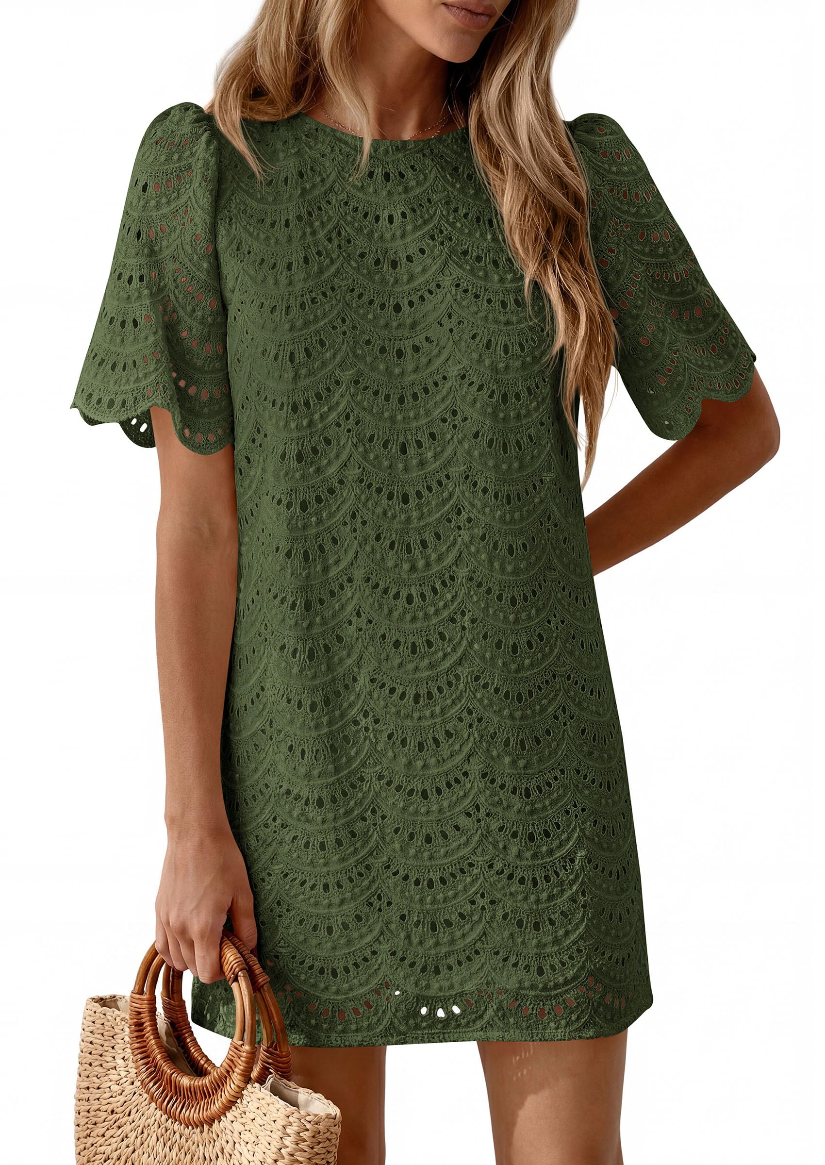 PRETTYGARDEN Women's Summer Casual Short Dresses Embroidered Lace Short Sleeve Boho Mini Dress Beach Vacation Clothes PRETTYGARDEN