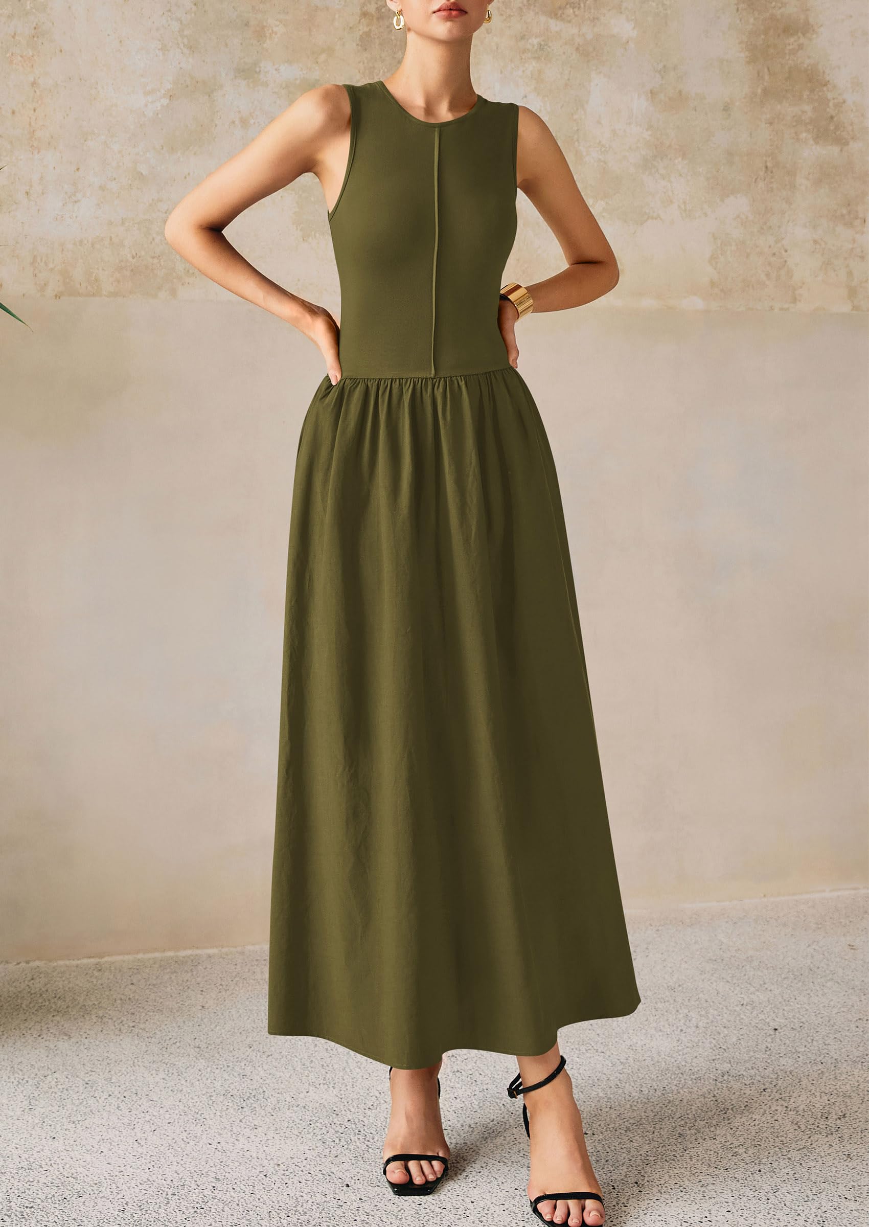 PRETTYGARDEN Women Maxi Dresses Casual Sleeveless Patchwork Knit Tank Dress Flowy Beach Sundress Long Dress