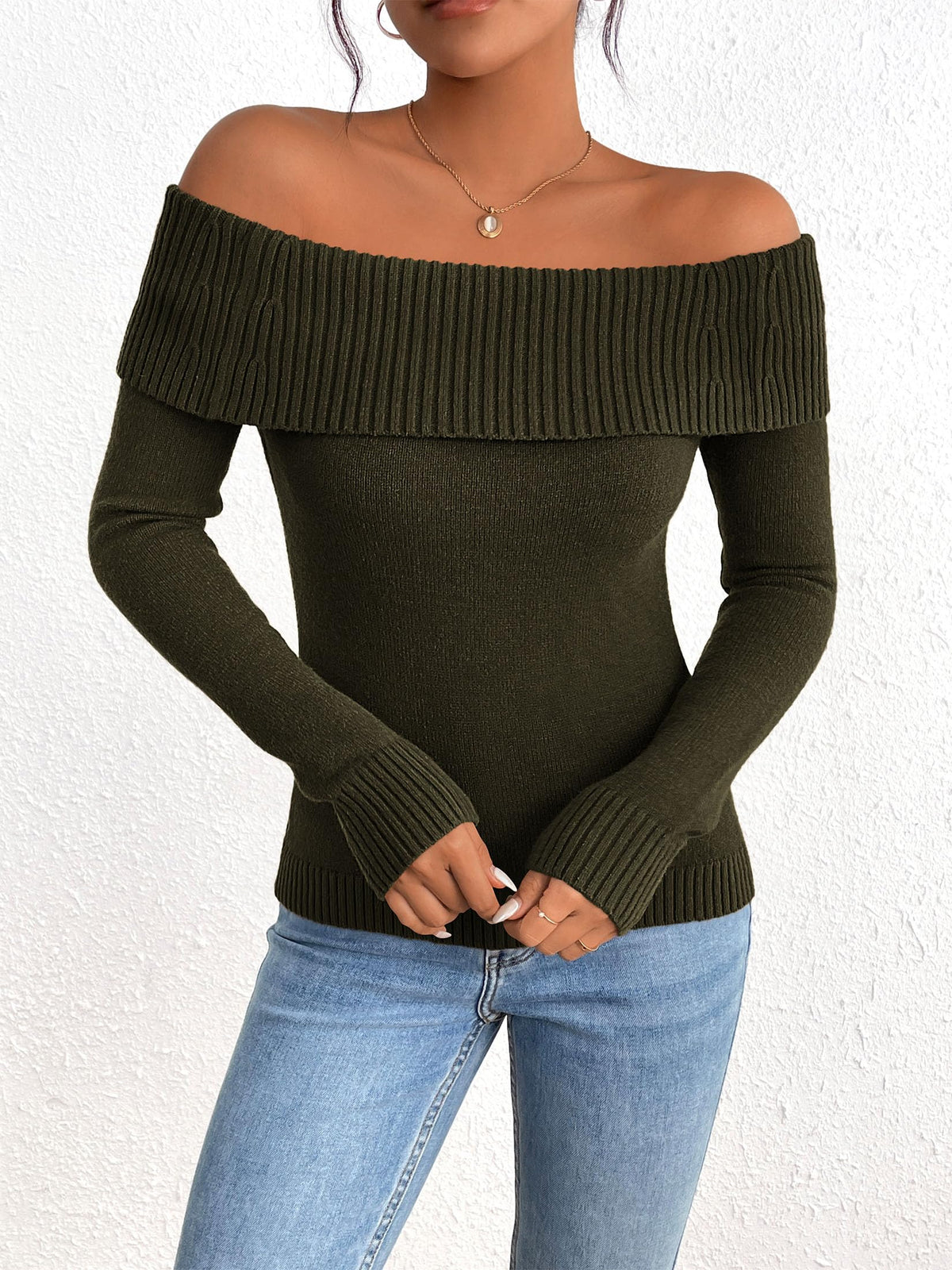 Fall Off Shoulder Sweaters Y2K Long Sleeve Ribbed Knit Fitted Pullover Tops Blouse