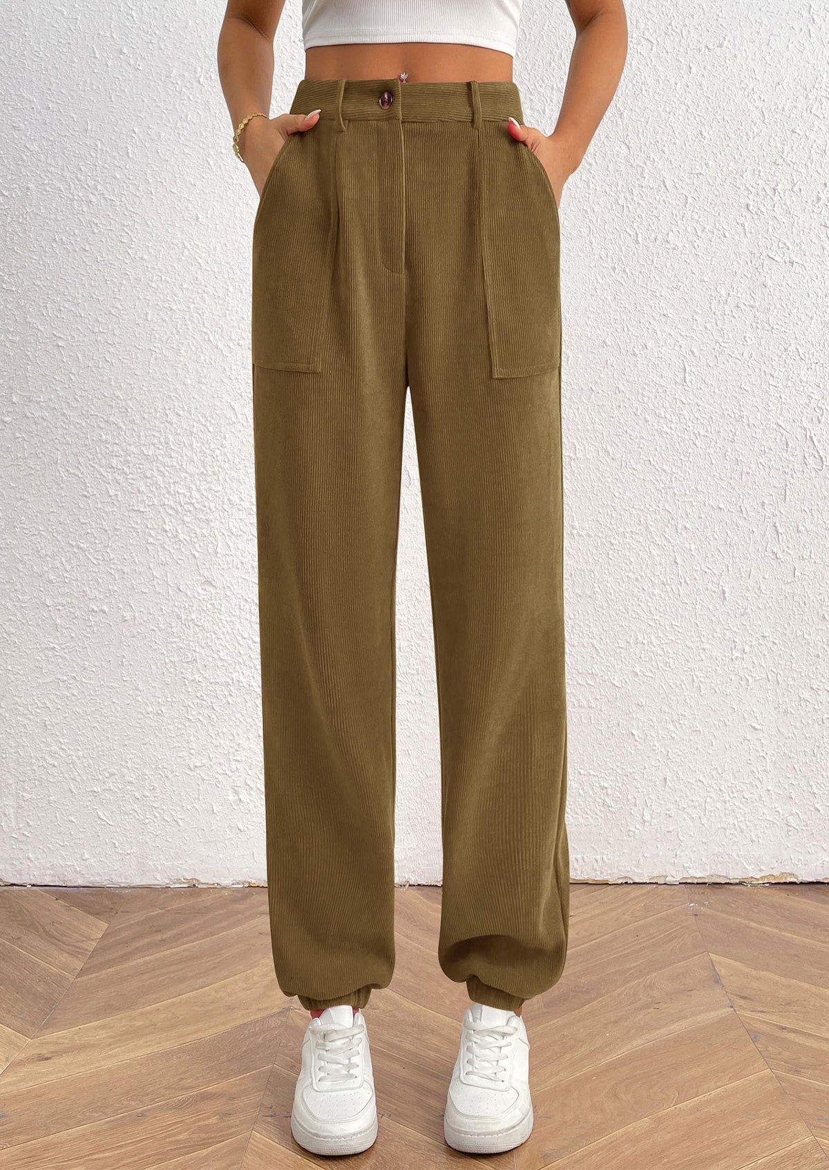 Women's Dressy Casual Pants Elastic High Waisted Work Office Corduroy Trouser Slacks with Pockets