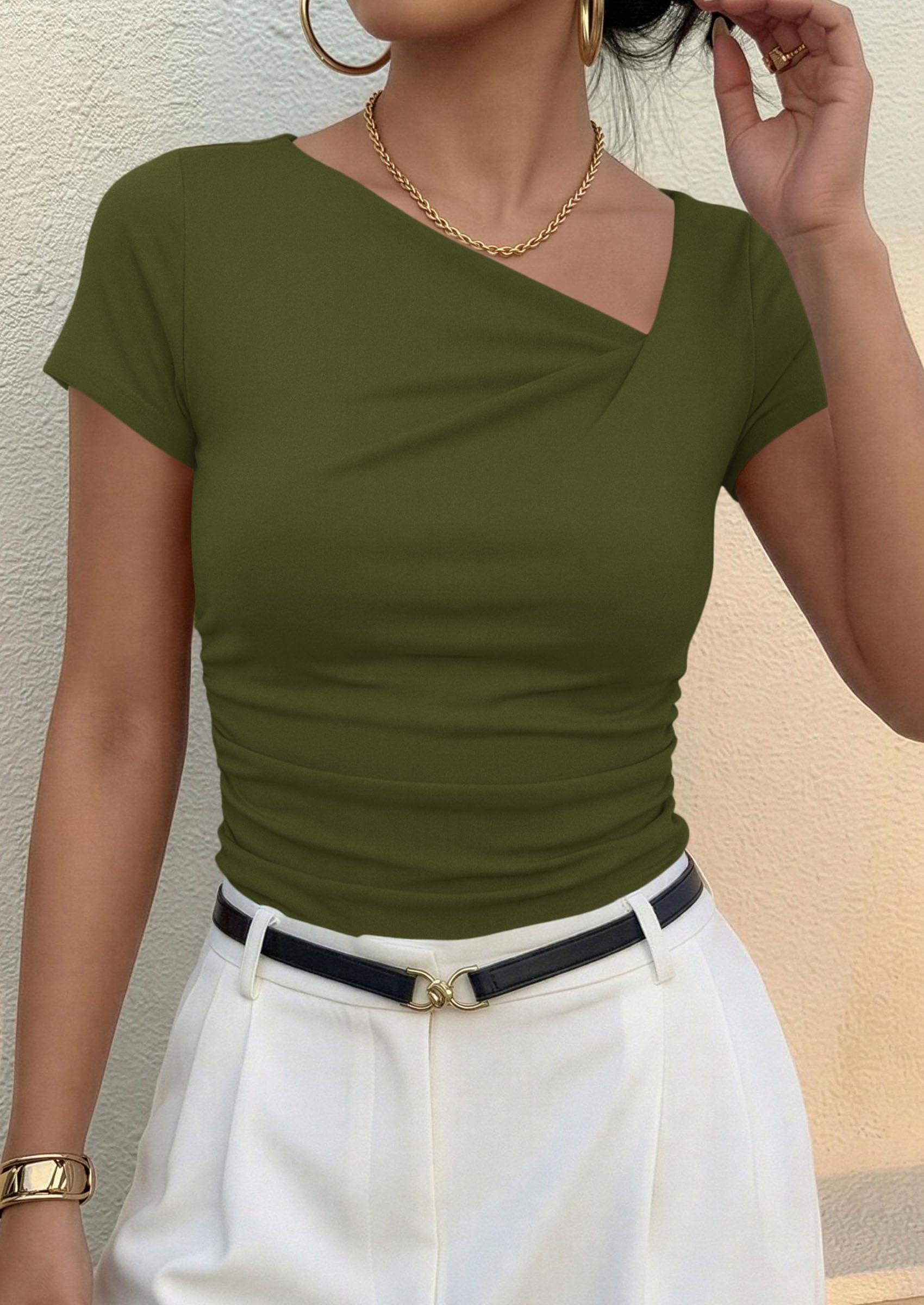 PRETTYGARDEN Women's Summer Asymmetrical Y2K Tops Trendy Ribbed Short Sleeve Fitted Tee Shirts Spring Fashion Clothing PRETTYGARDEN