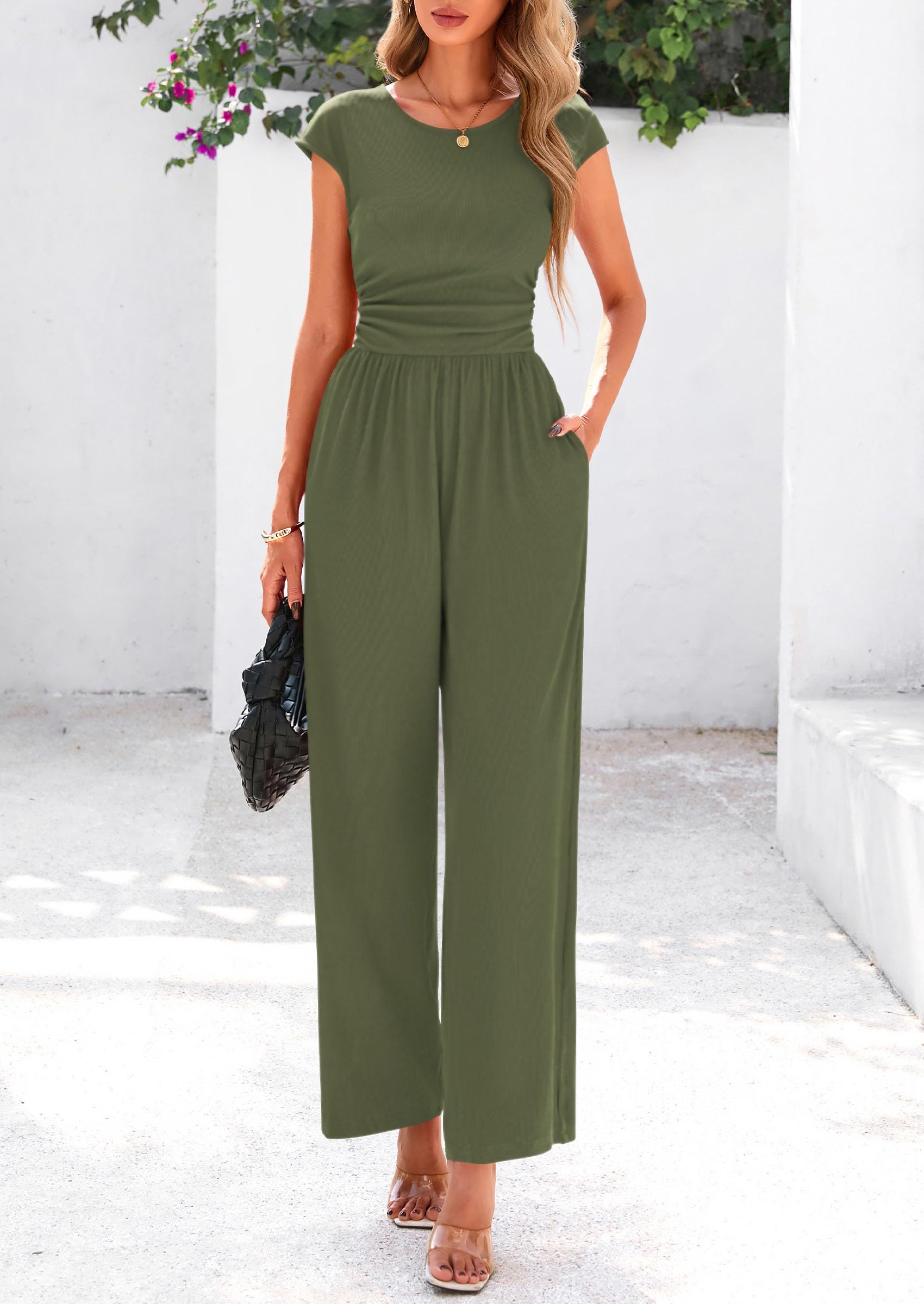 PRETTYGARDEN Summer Jumpsuits Ribbed Cap Sleeve Wide Leg Pants Women's Rompers Elegant Casual Trendy Vacation Outfits