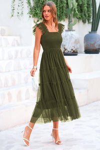 Summer Casual Sleeveless Smocked Ruffle Tulle Flowy Beach Sundress