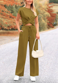 Summer Two Piece Outfits Tracksuit Twist Front Crop Tops T Shirts Wide Leg Pants Matching Lounge Sets