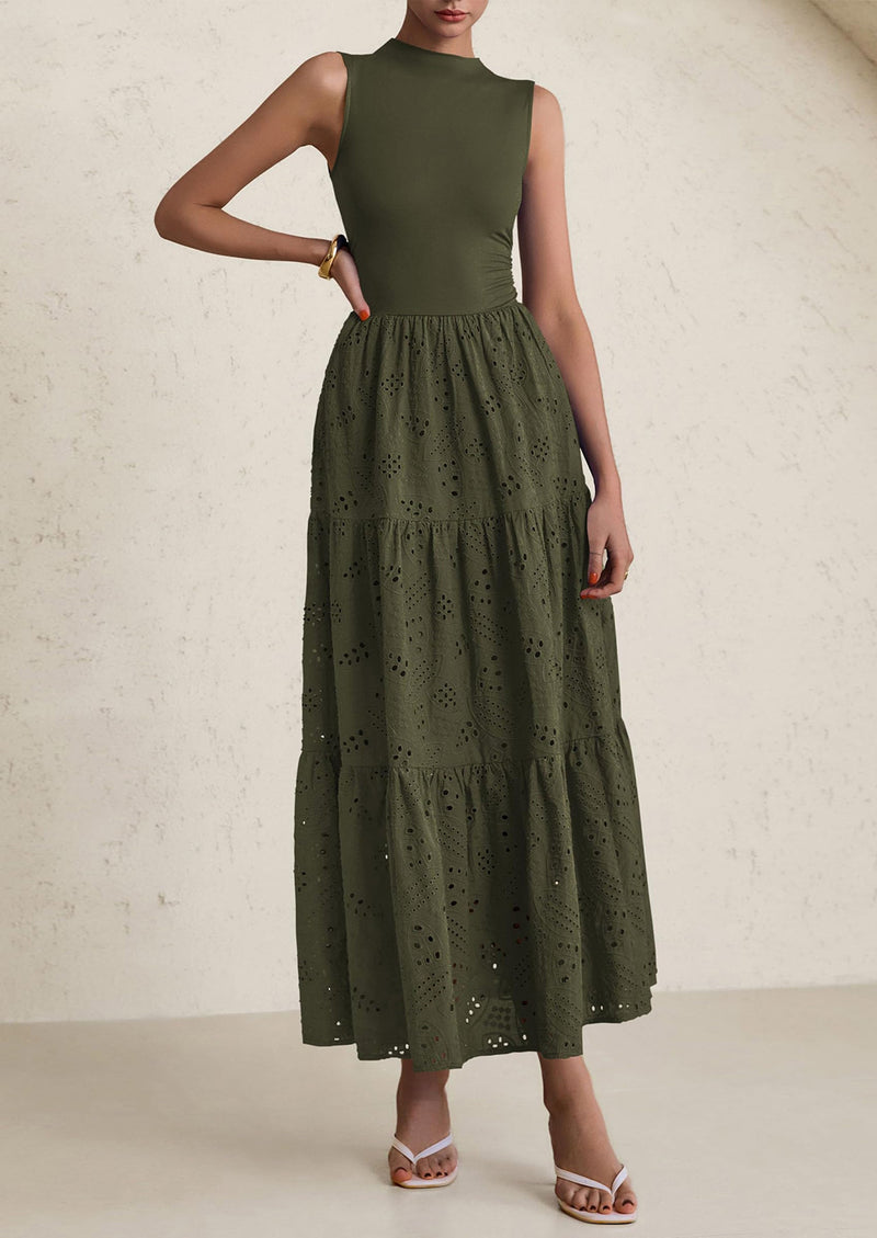 PRETTYGARDEN Dresses for Women Casual Eyelet Sleeveless Wedding Guest Maxi Dress Tank Top Sundress with Pockets - PRETTYGARDEN