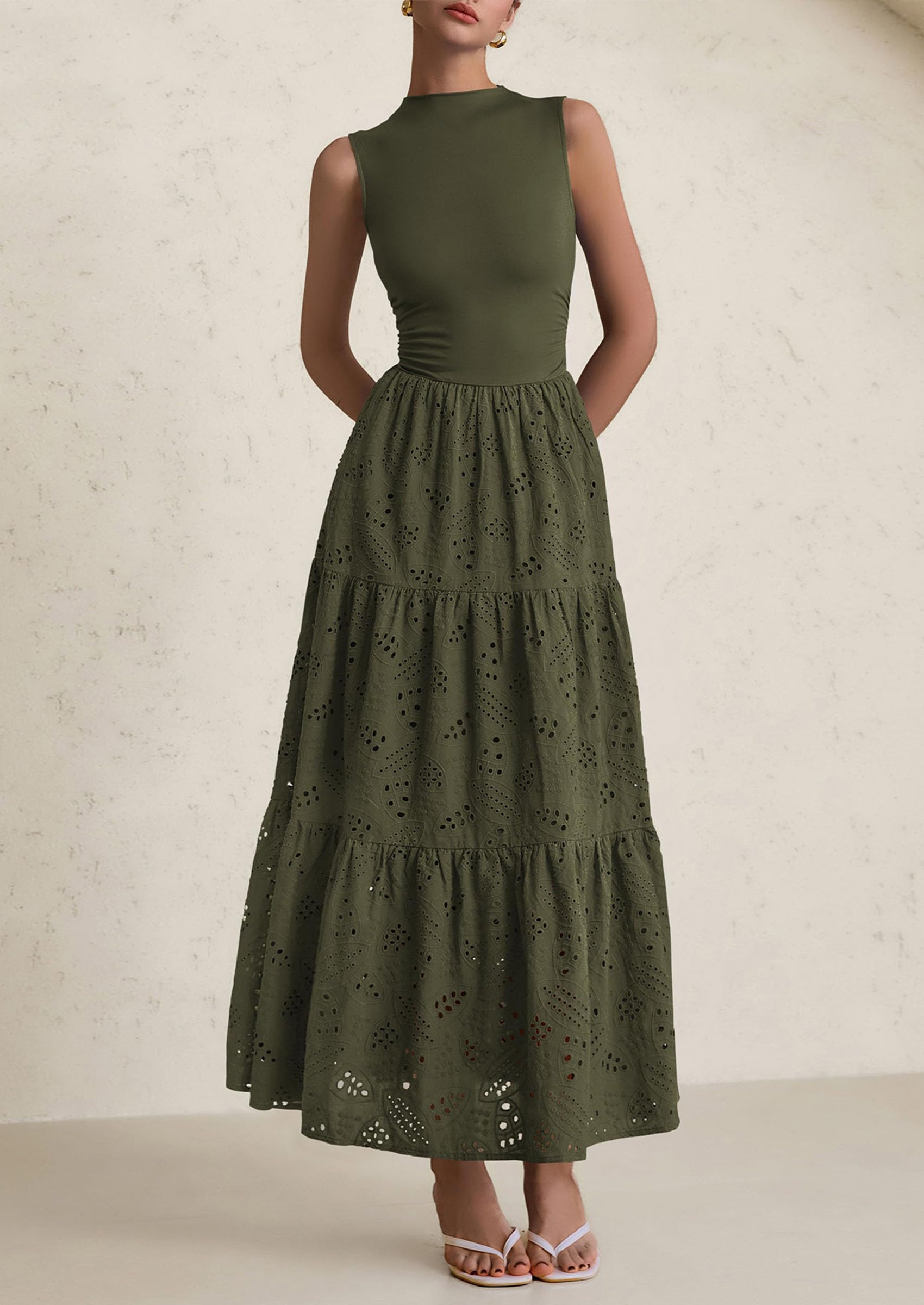 PRETTYGARDEN Dresses for Women Casual Eyelet Sleeveless Wedding Guest Maxi Dress Tank Top Sundress with Pockets