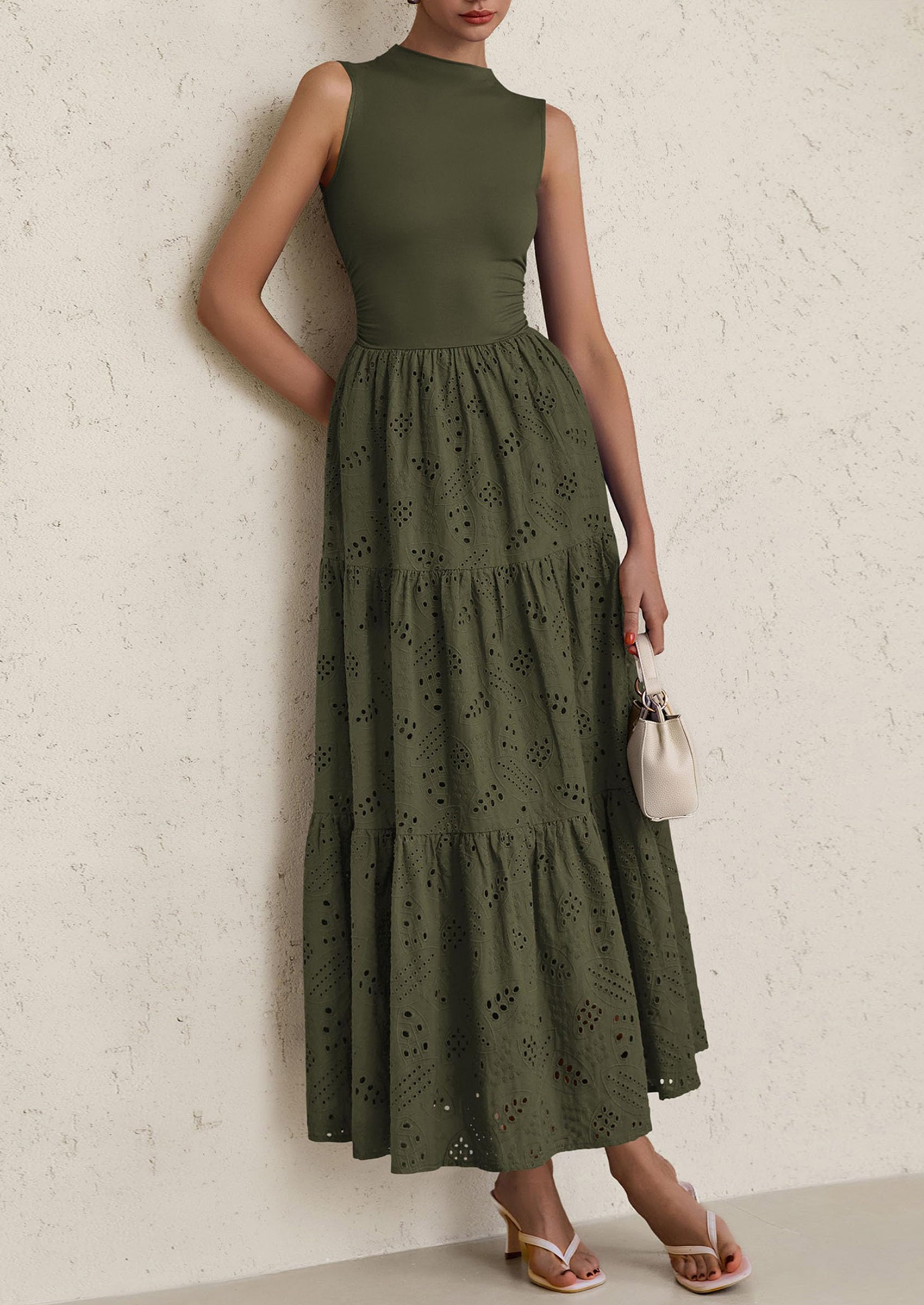 PRETTYGARDEN Dresses for Women Casual Eyelet Sleeveless Wedding Guest Maxi Dress Tank Top Sundress with Pockets