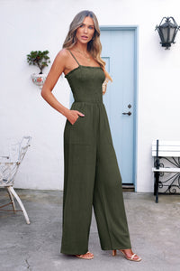 Linen Smocked Spaghetti Strap Pockets Wide Leg Rompers