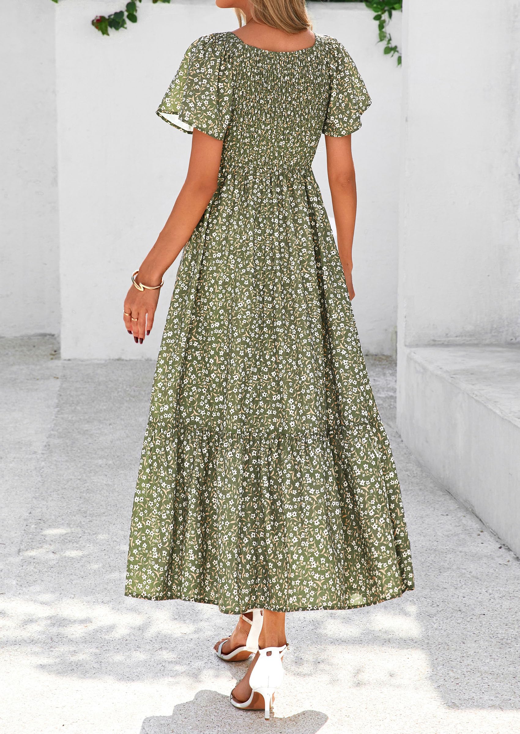 PRETTYGARDEN Women Floral Boho Maxi Dresses Short Sleeve V Neck Smocked A Line Long Flowy Beach Vacation Dress