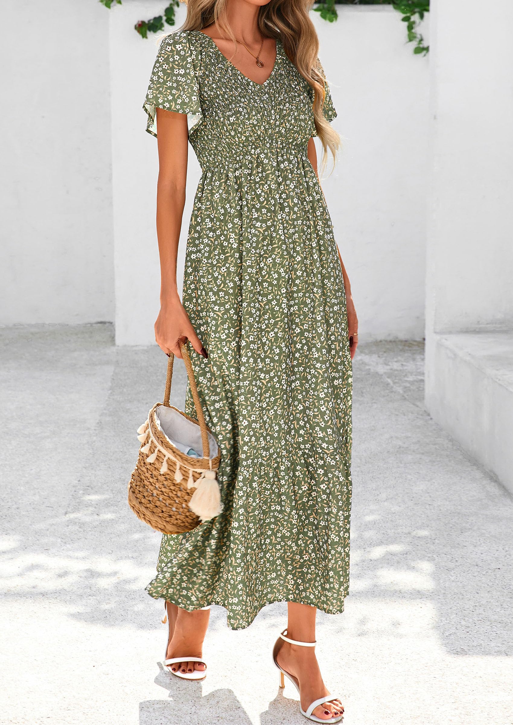 PRETTYGARDEN Women Floral Boho Maxi Dresses Short Sleeve V Neck Smocked A Line Long Flowy Beach Vacation Dress