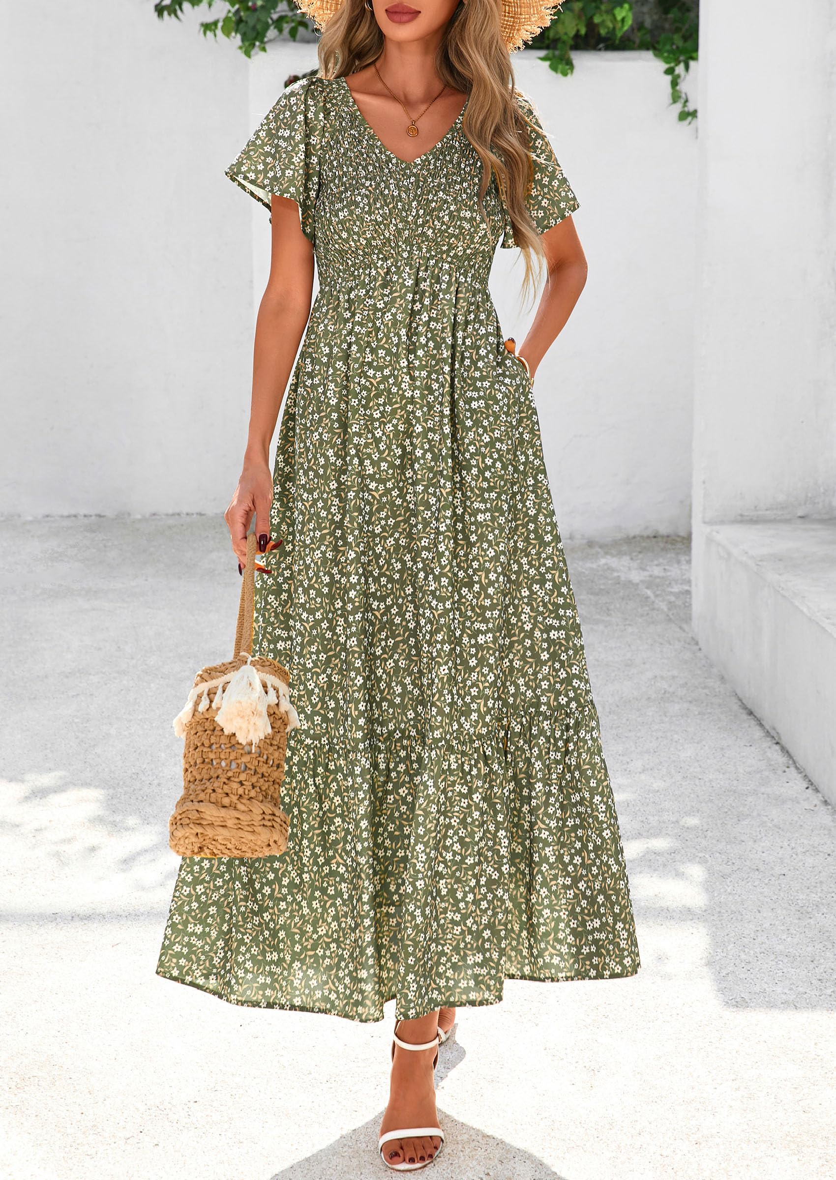 PRETTYGARDEN Women Floral Boho Maxi Dresses Short Sleeve V Neck Smocked A Line Long Flowy Beach Vacation Dress