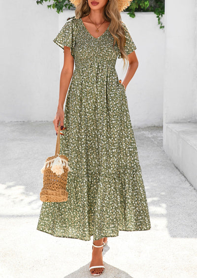 PRETTYGARDEN Women Floral Boho Maxi Dresses Short Sleeve V Neck Smocked A Line Long Flowy Beach Vacation Dress