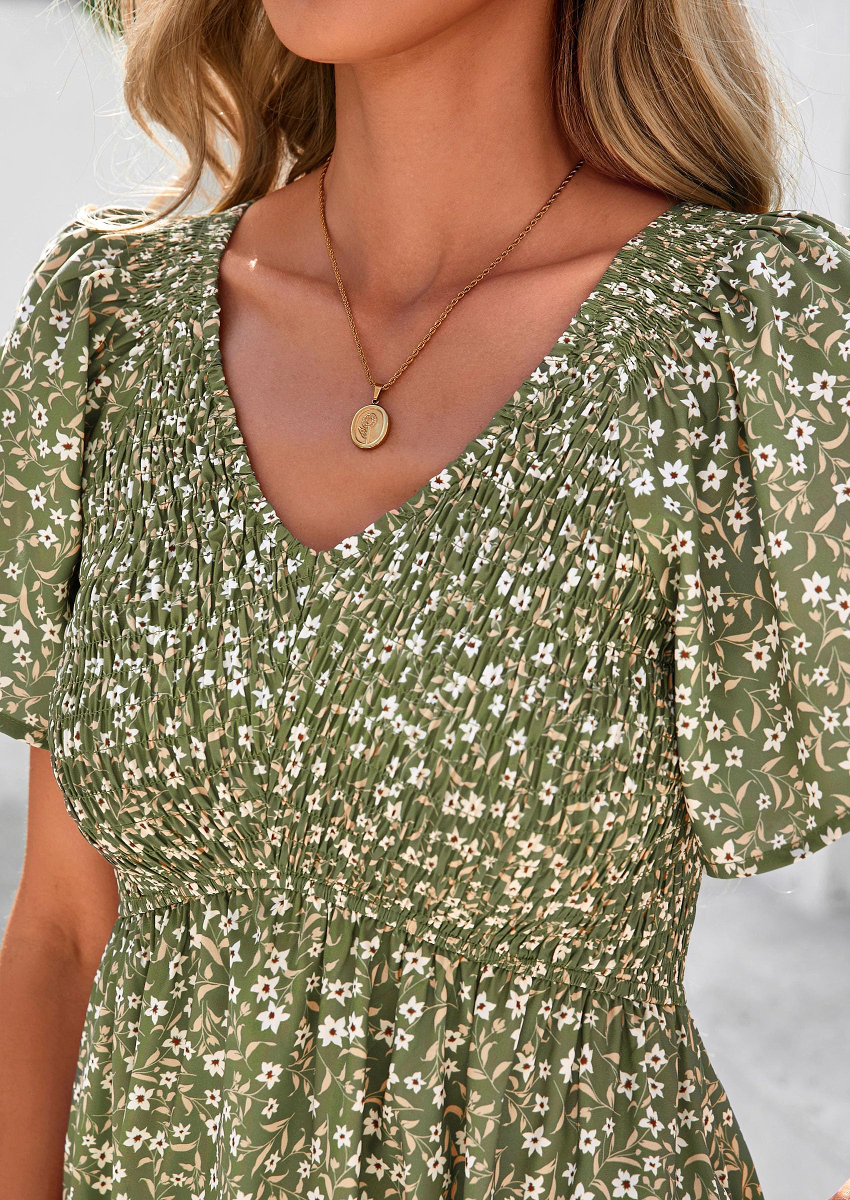 PRETTYGARDEN Women Floral Boho Maxi Dresses Short Sleeve V Neck Smocked A Line Long Flowy Beach Vacation Dress