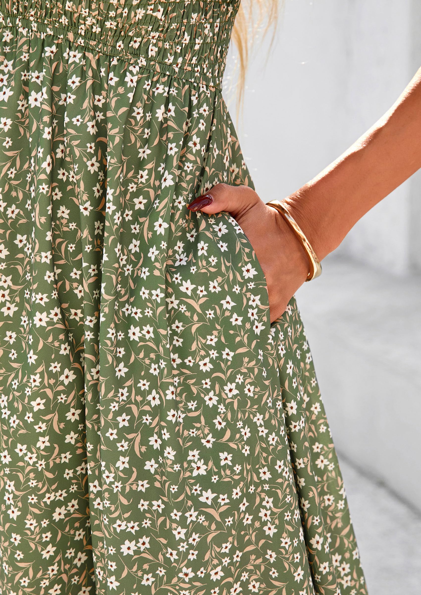 PRETTYGARDEN Women Floral Boho Maxi Dresses Short Sleeve V Neck Smocked A Line Long Flowy Beach Vacation Dress