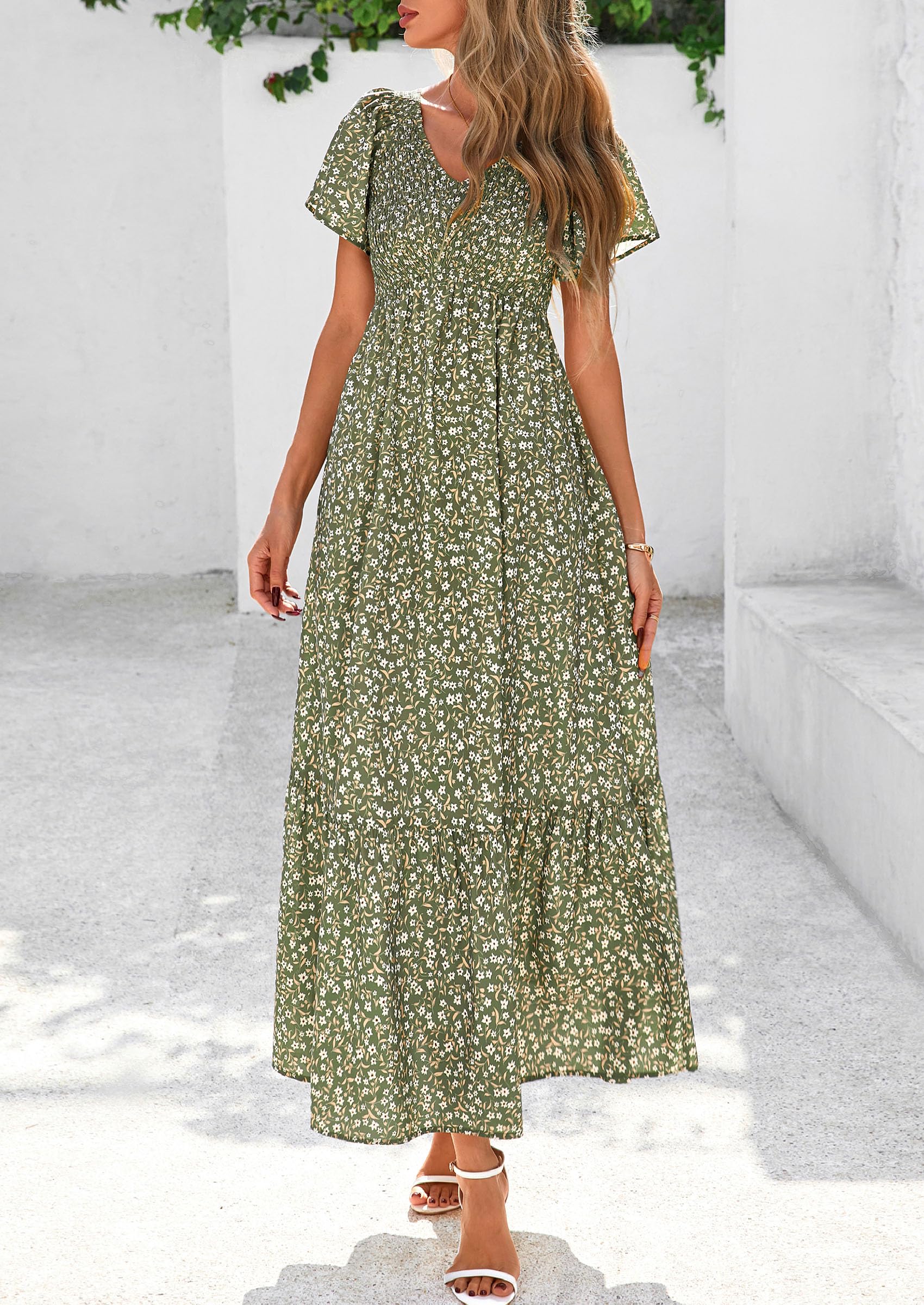 PRETTYGARDEN Women Floral Boho Maxi Dresses Short Sleeve V Neck Smocked A Line Long Flowy Beach Vacation Dress