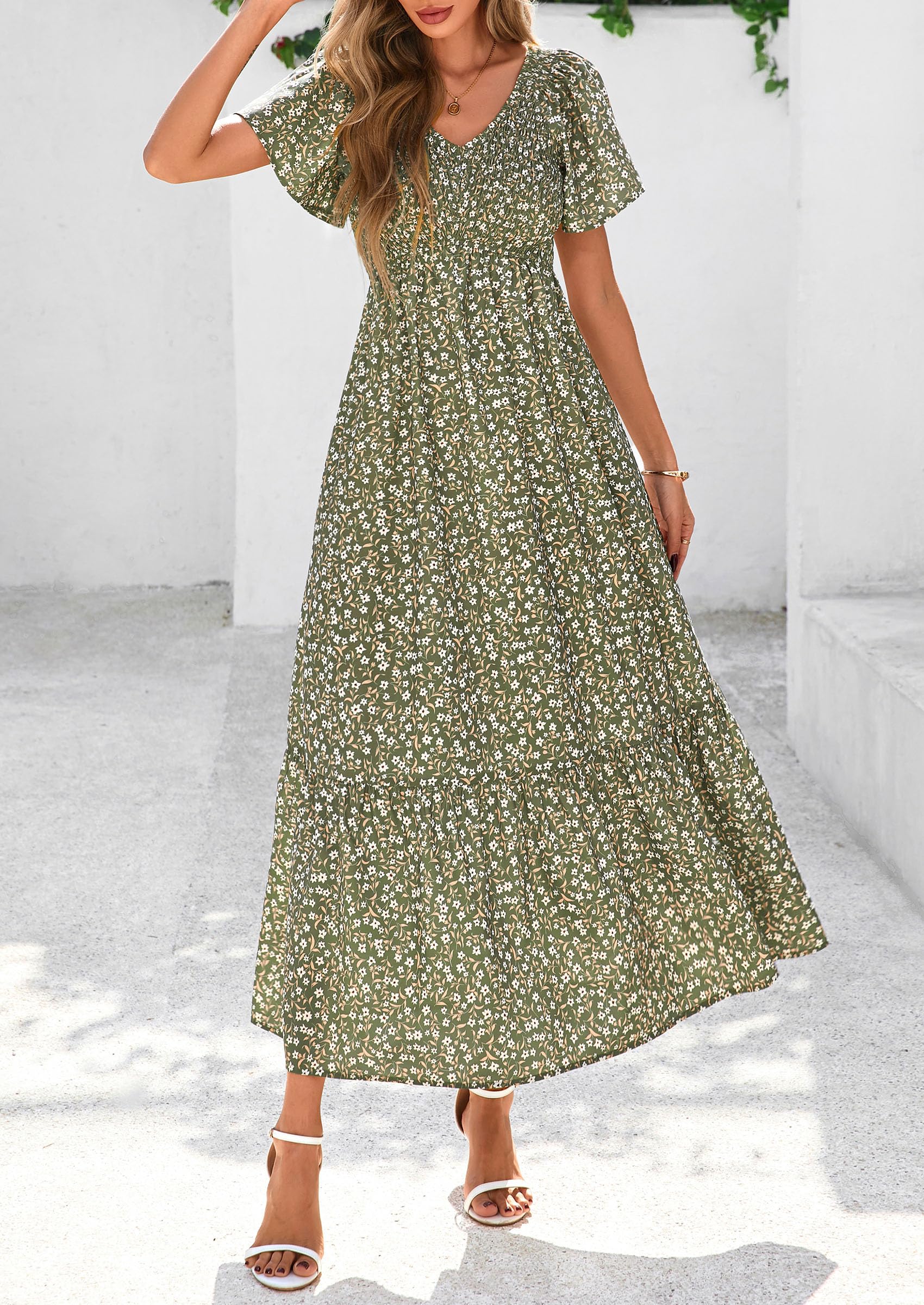 PRETTYGARDEN Women Floral Boho Maxi Dresses Short Sleeve V Neck Smocked A Line Long Flowy Beach Vacation Dress