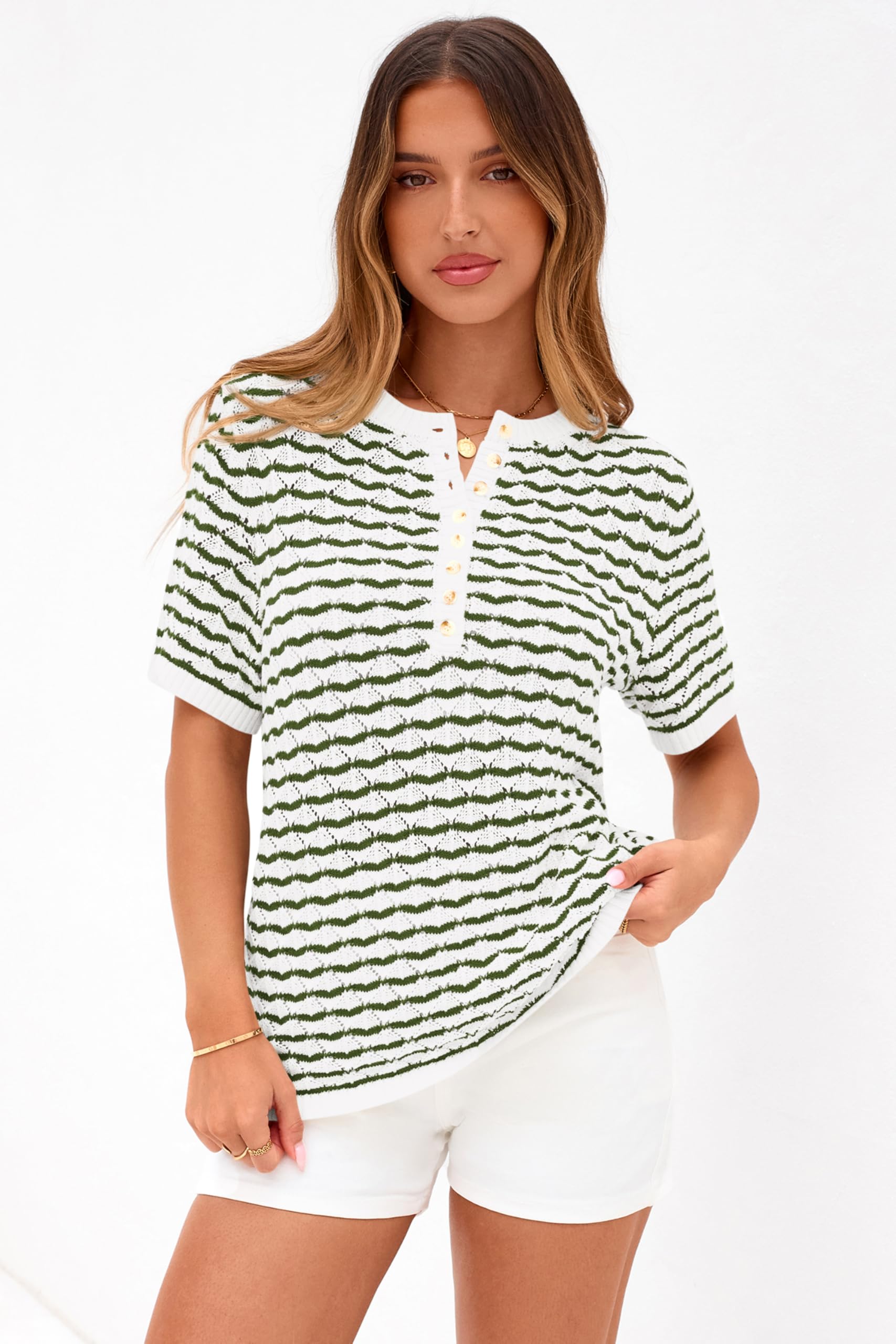 PRETTYGARDEN Cute Short Sleeve V Neck Sweaters for Women Summer Casual Striped Quarter Button Henley Shirts Knit Work Tops PRETTYGARDEN