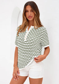 PRETTYGARDEN Cute Short Sleeve V Neck Sweaters for Women Summer Casual Striped Quarter Button Henley Shirts Knit Work Tops PRETTYGARDEN