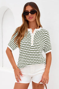 PRETTYGARDEN Cute Short Sleeve V Neck Sweaters for Women Summer Casual Striped Quarter Button Henley Shirts Knit Work Tops PRETTYGARDEN