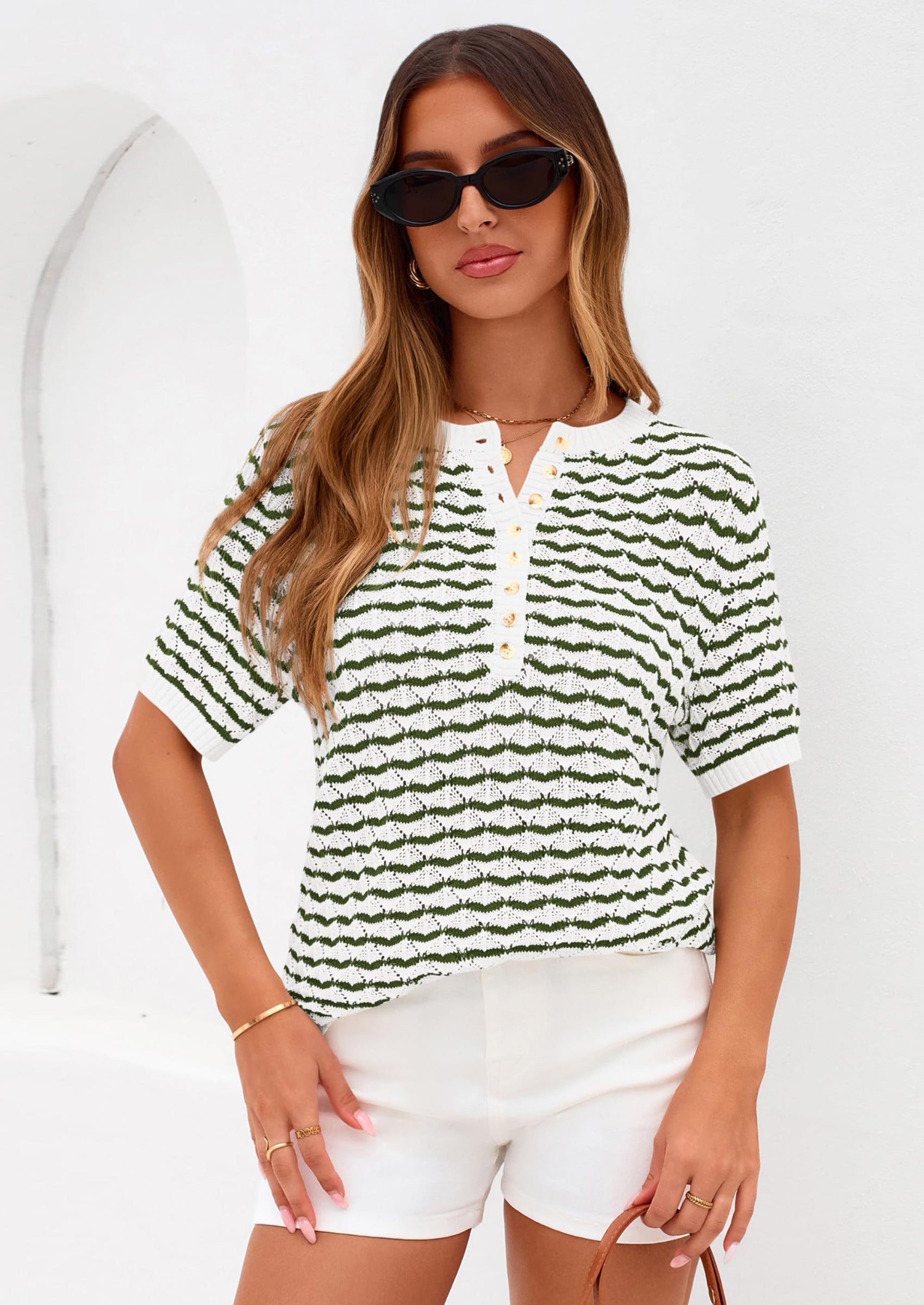 PRETTYGARDEN Cute Short Sleeve V Neck Sweaters for Women Summer Casual Striped Quarter Button Henley Shirts Knit Work Tops PRETTYGARDEN