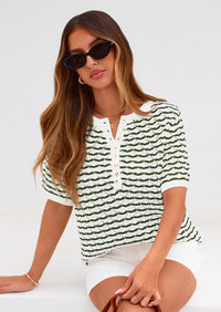 PRETTYGARDEN Cute Short Sleeve V Neck Sweaters for Women Summer Casual Striped Quarter Button Henley Shirts Knit Work Tops PRETTYGARDEN