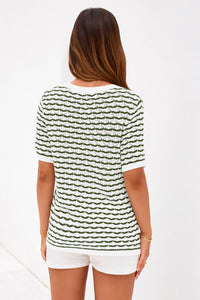 PRETTYGARDEN Cute Short Sleeve V Neck Sweaters for Women Summer Casual Striped Quarter Button Henley Shirts Knit Work Tops PRETTYGARDEN