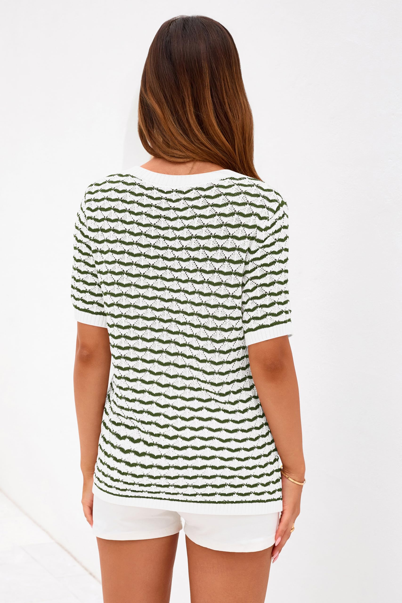 PRETTYGARDEN Cute Short Sleeve V Neck Sweaters for Women Summer Casual Striped Quarter Button Henley Shirts Knit Work Tops PRETTYGARDEN