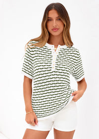 PRETTYGARDEN Cute Short Sleeve V Neck Sweaters for Women Summer Casual Striped Quarter Button Henley Shirts Knit Work Tops PRETTYGARDEN