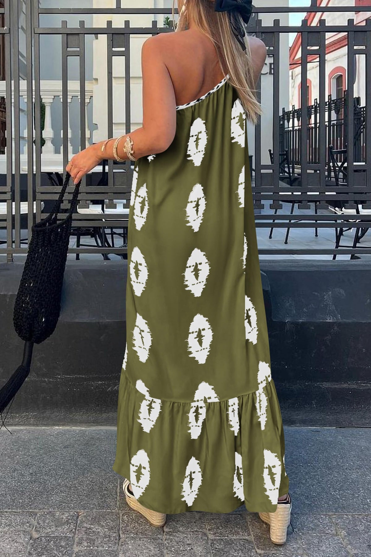 One Shoulder Spaghetti Strap Printed A Line Flowy Boho Maxi Long Sundress