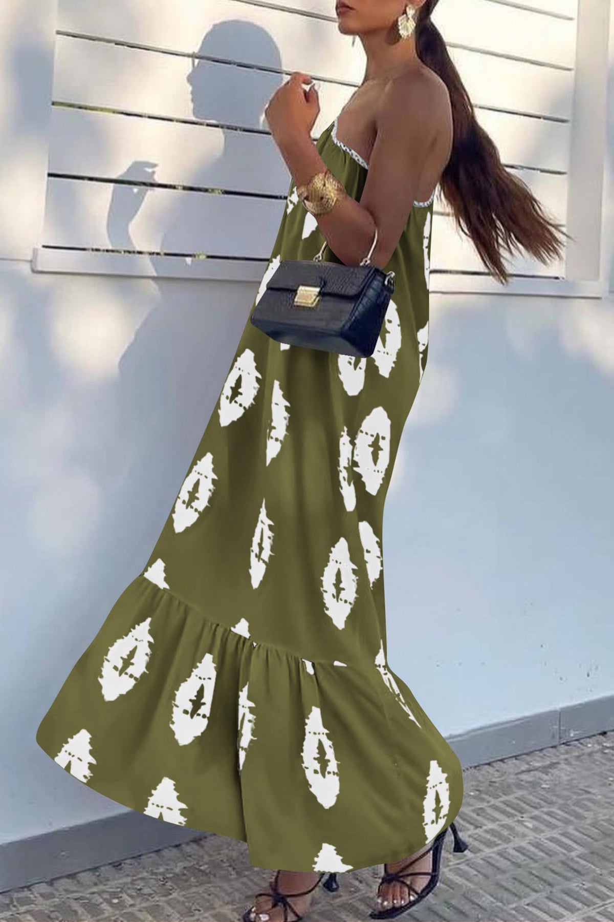 One Shoulder Spaghetti Strap Printed A Line Flowy Boho Maxi Long Sundress