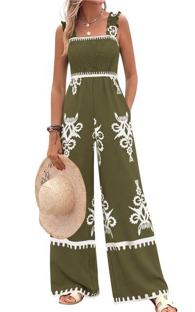 PRETTYGARDEN Womens Jumpsuit Casual One Piece Boho Summer Outfits Shirred Strap Wide Leg Long Pants Rompers With Pockets
