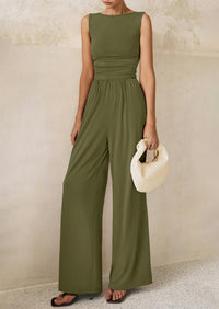 PRETTYGARDEN One Piece Jumpsuits for Women Dressy Casual Sleeveless Crewneck Wide Leg Rompers Jumpers Vacation Summer Outfits