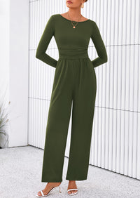 PRETTYGARDEN One Piece Jumpsuits for Women Dressy Casual Long Sleeve Crewneck Wide Leg Romper Overalls Spring Outfits