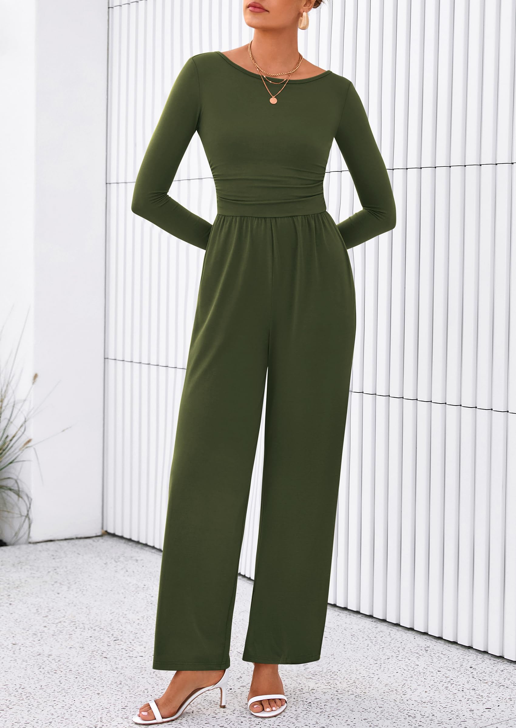 PRETTYGARDEN One Piece Jumpsuits for Women Dressy Casual Long Sleeve Crewneck Wide Leg Romper Overalls Spring Outfits