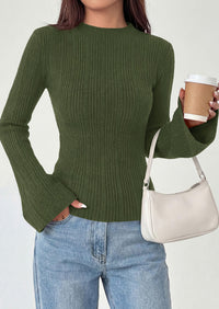 PRETTYGARDEN Sweaters for Women Lightweight Mock Neck Bell Long Sleeve Fitted Tops Ribbed Pullover Fall Fashion Clothing