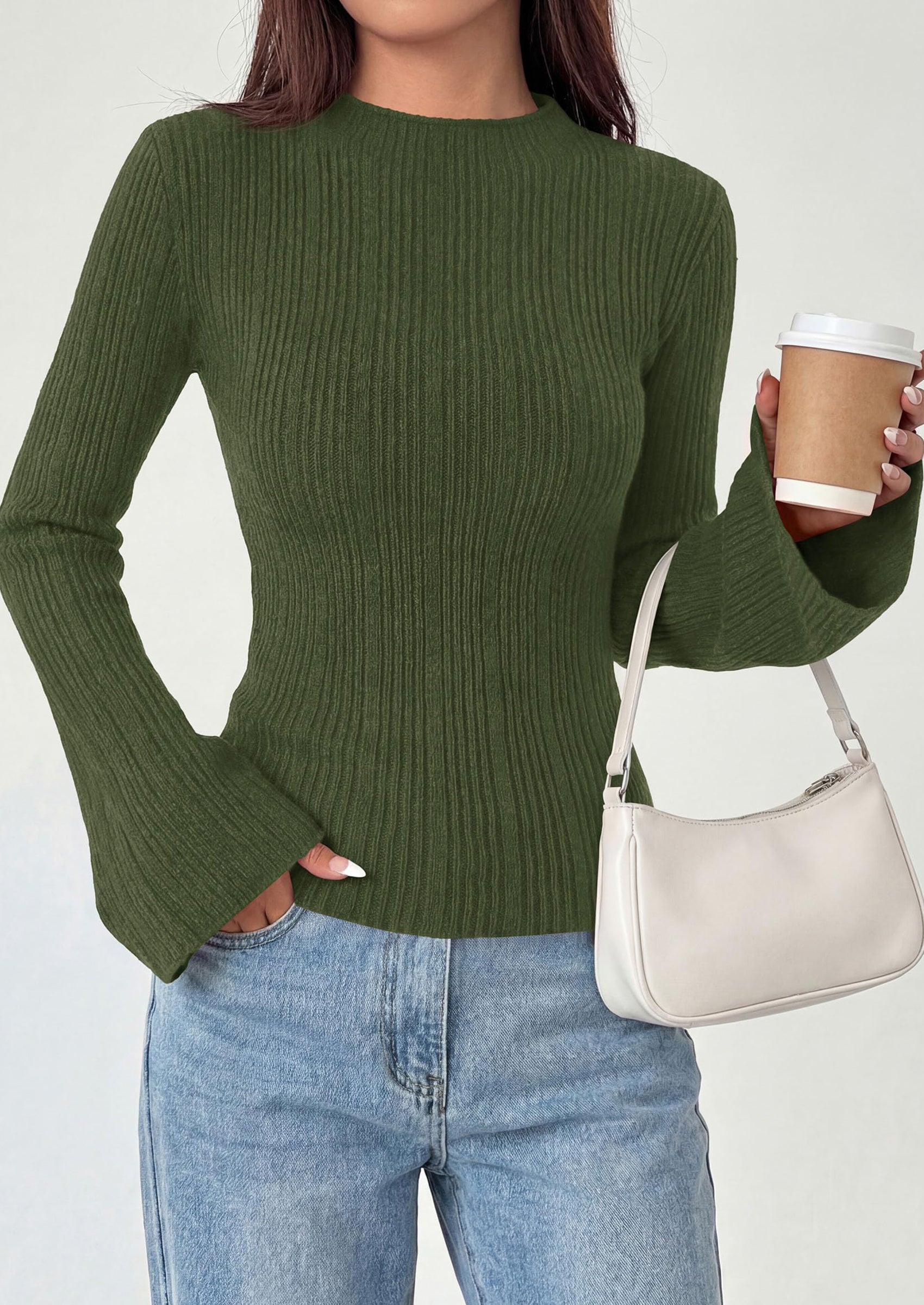PRETTYGARDEN Sweaters for Women Lightweight Mock Neck Bell Long Sleeve Fitted Tops Ribbed Pullover Fall Fashion Clothing