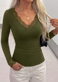 PRETTYGARDEN Womens Long Sleeve Shirts Cute Lace V Neck Tops Trendy Going Out Crop Top Sexy Stretchy Fitted Blouses Fall Clothes Dressy Work Office Outfit Casual Layering Tops